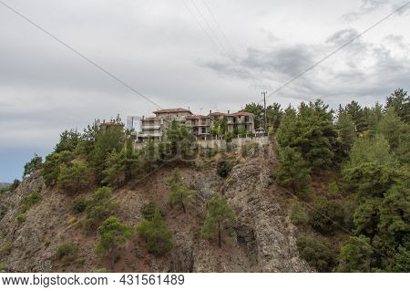 Pano Platres, Cyprus - October 15 2019: The View Of The Houses On The Rock Over The Nature Trail Alo