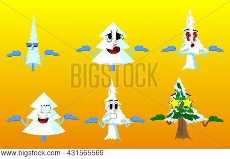 Cartoon Winter Pine Trees With Faces Shrugs Shoulders Expressing Don't Know Gesture. Cute Forest Tre