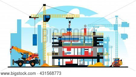 A Building Under Construction Against The Background Of A City Under Construction. A Site With Heavy