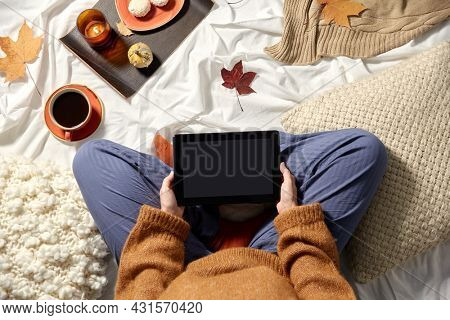 people, technology and leisure concept - young woman with tablet pc computer at home in autumn