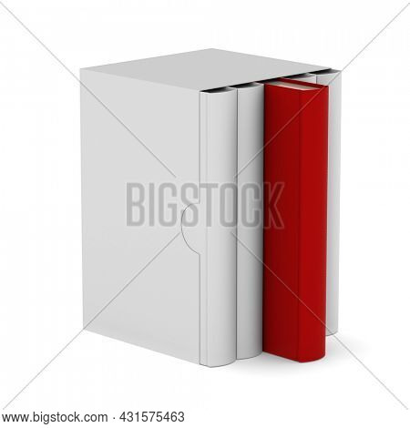 Five books with blank box cover on white background. Isolated 3D illustration