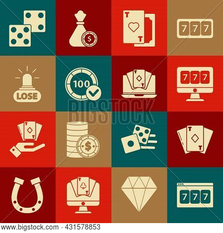 Set Online Slot Machine With Lucky Sevens Jackpot, Playing Card Diamonds, Heart, Casino Chips, Losin