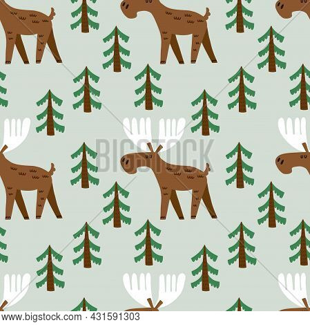 Elk Seamless Pattern. Hand Drawn Cartoon Scandinavian Forest Animal Cute Scandi Illustration, Kids C