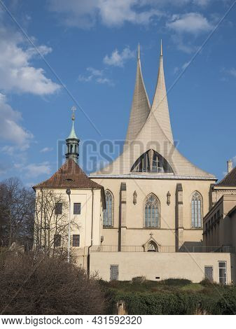 Benedictine Monastery Emauzy, Frontal View. Architectural Monument From Fourteen Century With Two Mo