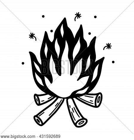A Hand-drawn Burning Bonfire. Logs On Fire. Monochrome Illustration Of Firewood Burning In The Fire.