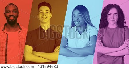 Collage Of Four Young Smiling People On Colorful Background. Duotone Effect