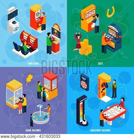 Claw Crane And Video Games Amusement Slot Machines 4 Isometric Icons Square Banner Abstract Isolated