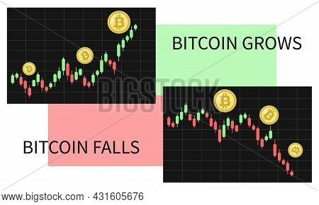 Crypto Currency Charts. Bitcoin Grows And Falls. Cryptocurrency Btc Graph Decreases And Increases. P