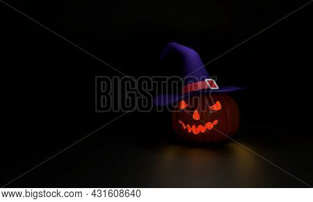 3d. Pumpkin Witch Hat Ghost Halloween Night On A Black Background That Looks Like A Banana Face