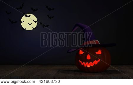 3d. Pumpkin Witch Hat Ghost Halloween Night On The Wooden Floor. The Background Is A Full Moon And B