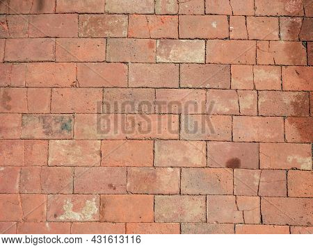 Clay Ancient Brick Flooring Tilles. Historical Tilled Pavement In Kosumber Castle , Czechia.