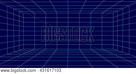 3d Wireframe Room On The Blue Background. Vector Perspective Grid. Box With Digital Space.