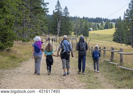 Family With Small Children Hiking Outdoors In Summer Nature, Walking In Rogla, Slovenia