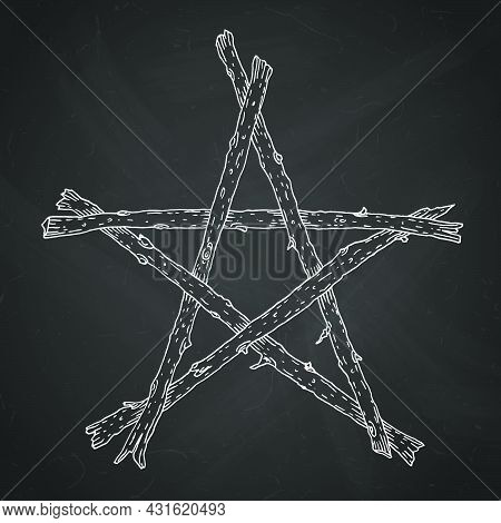 Hand Drawn Wooden Sticks Pentagram, Magic Occult Wicca Star Symbol. Vector Chalk Illustration In Whi