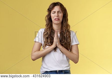 Please Beg You. Sobbing Timid Insecure Distressed Cute Whining Girl Crying Upset Close Eyes Grimacin