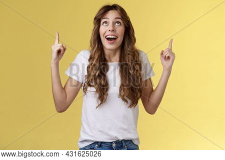 Happy Impressed Attractive Girl Long Curly Haircut Drop Jaw Amused Smiling Surprised Delighted Look 