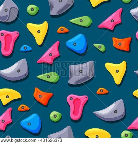 Grippers For Climbing In The Gym Seamless Pattern. Imitation Of A Rock. Various Fasteners. Cartoon V