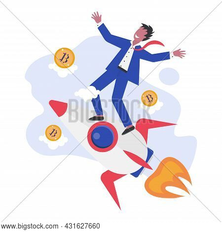 Crypto Currency Vector Concept. Successful Man On A Rocket Bought Cryptocurrency. Flat Cartoon Style