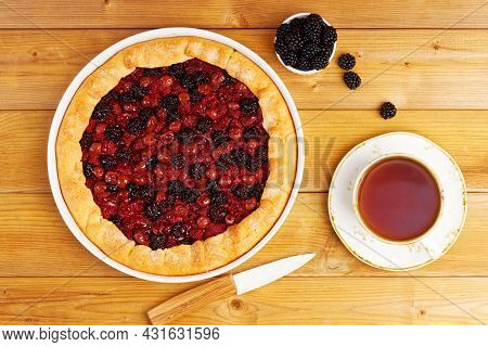 Homemade Open Pie Gallet With Raspberries, Blackberry And Grapes. Top View.