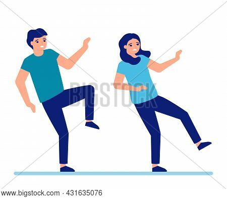 Man And Woman Slip And Fall Down To Floor. Slippery Floor For Adult People. Male And Female Fail And