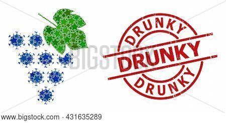 Virus Grape Bunch Star Pattern And Grunge Drunky Stamp. Red Stamp With Grunge Style And Drunky Sloga