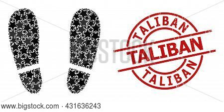 Human Footprints Star Mosaic And Grunge Taliban Stamp. Red Watermark With Grunge Surface And Taliban