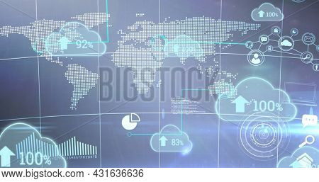 Image of blue clouds with rising numbers and arrows floating oer a world map. digital interface global connections concept digitally generated image.