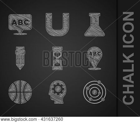 Set Old Hourglass With Sand, Head Gear Inside, Solar System, Alphabet, Basketball Ball, Pencil Erase