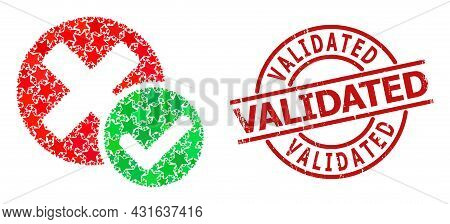 True Negative Star Mosaic And Grunge Validated Seal Stamp. Red Imprint With Grunge Surface And Valid