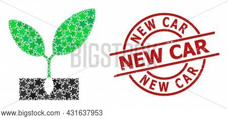 Plant Sprout Star Mosaic And Grunge New Car Seal Stamp. Red Stamp With Corroded Texture And New Car 