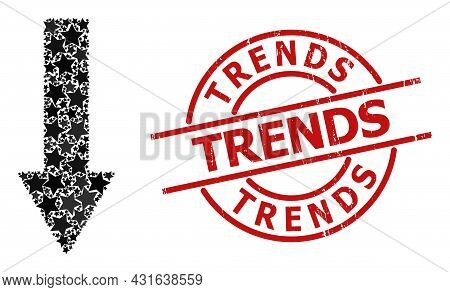 Down Arrow Star Pattern And Grunge Trends Seal. Red Seal With Grunge Style And Trends Text Inside Ci