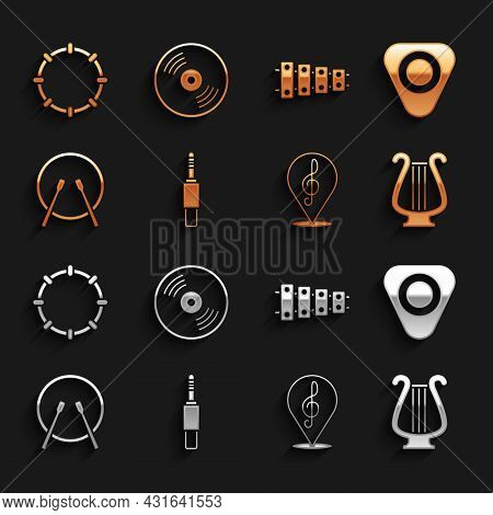 Set Audio Jack, Guitar Pick, Ancient Lyre, Treble Clef, Drum And Drum Sticks, Xylophone, Tambourine 