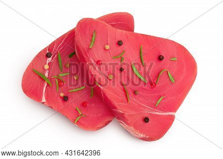 Fresh Tuna Fish Fillet Steak With Rosemary, Lemon And Peppercorns Isolated On White Background With 