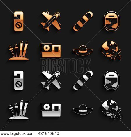 Set Action Camera, Airplane Window, Globe With Flying, Elegant Women Hat, Ski And Sticks, Snowboard,