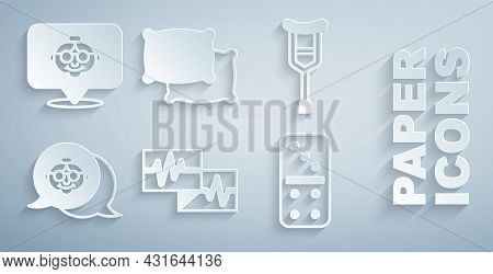 Set Monitor With Cardiogram, Crutch Crutches, Grandmother, Domino, Pillow And Icon. Vector