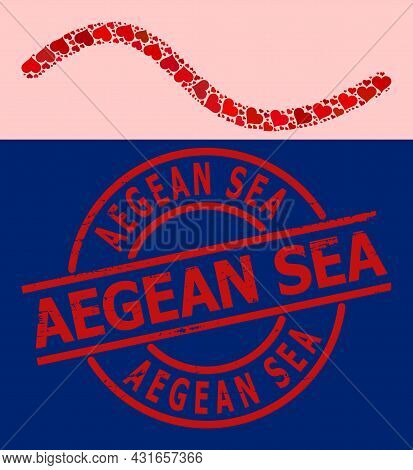 Scratched Aegean Sea Stamp, And Red Love Heart Mosaic For Wave Line. Red Round Stamp Seal Includes A