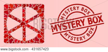 Scratched Mystery Box Seal, And Red Love Heart Mosaic For Pizza Box. Red Round Seal Includes Mystery