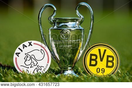 August 27, 2021 Amsterdam, Netherlands. The Emblems Of The  Football Clubs Borussia Dortmund And Afc