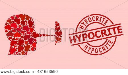 Scratched Hypocrite Badge, And Red Love Heart Mosaic For Liar Mask. Red Round Seal Contains Hypocrit