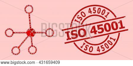 Textured Iso 45001 Stamp Seal, And Red Love Heart Collage For Connections. Red Round Stamp Seal Has 