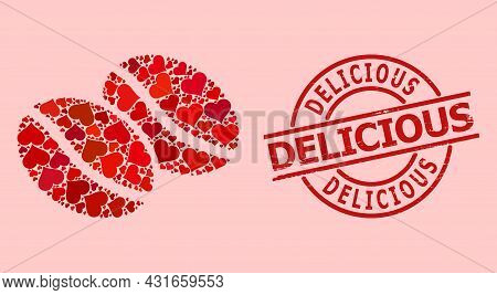 Distress Delicious Stamp Seal, And Red Love Heart Mosaic For Coffee Beans. Red Round Seal Has Delici