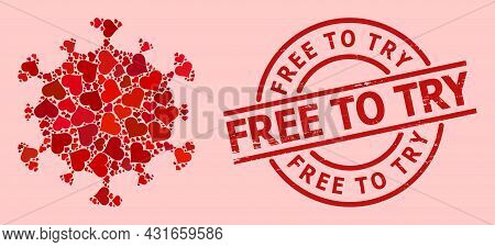 Rubber Free To Try Seal, And Red Love Heart Mosaic For Covid Virus. Red Round Seal Has Free To Try C