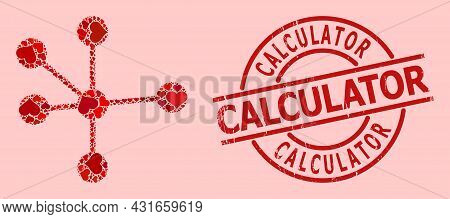Grunge Calculator Seal, And Red Love Heart Mosaic For Node Connections. Red Round Stamp Seal Has Cal