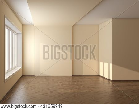 Empty Room With Beige Walls, Large Window, Parquet Floor And A Brown Plinth With Work Path On Window