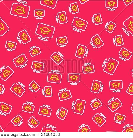 Line Graduation Cap In Speech Bubble Icon Isolated Seamless Pattern On Red Background. Graduation Ha