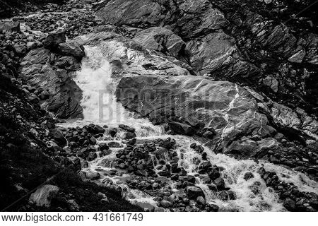 Wild Alpine Waterfall On Schlatenbach Mountain Stream. Gschloesstal Valley, Hohe Tauern National Par