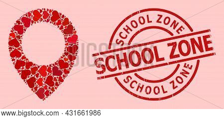Textured School Zone Stamp Seal, And Red Love Heart Pattern For Map Pointer. Red Round Stamp Seal In