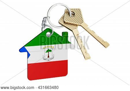 Real Estate In Equatorial Guinea. Home Keychain With Equatoguinean Guinea Flag. Property, Rent Or Mo