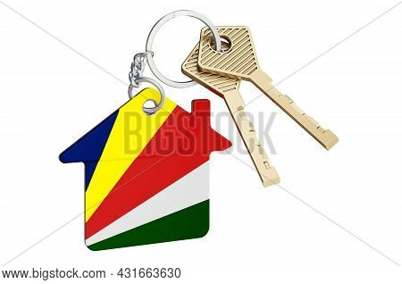Real Estate In Seychelles. Home Keychain With Seychelloise Flag. Property, Rent Or Mortgage Concept.