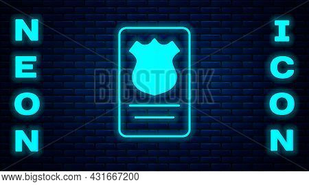 Glowing Neon Police Badge With Id Case Icon Isolated On Brick Wall Background. Vector